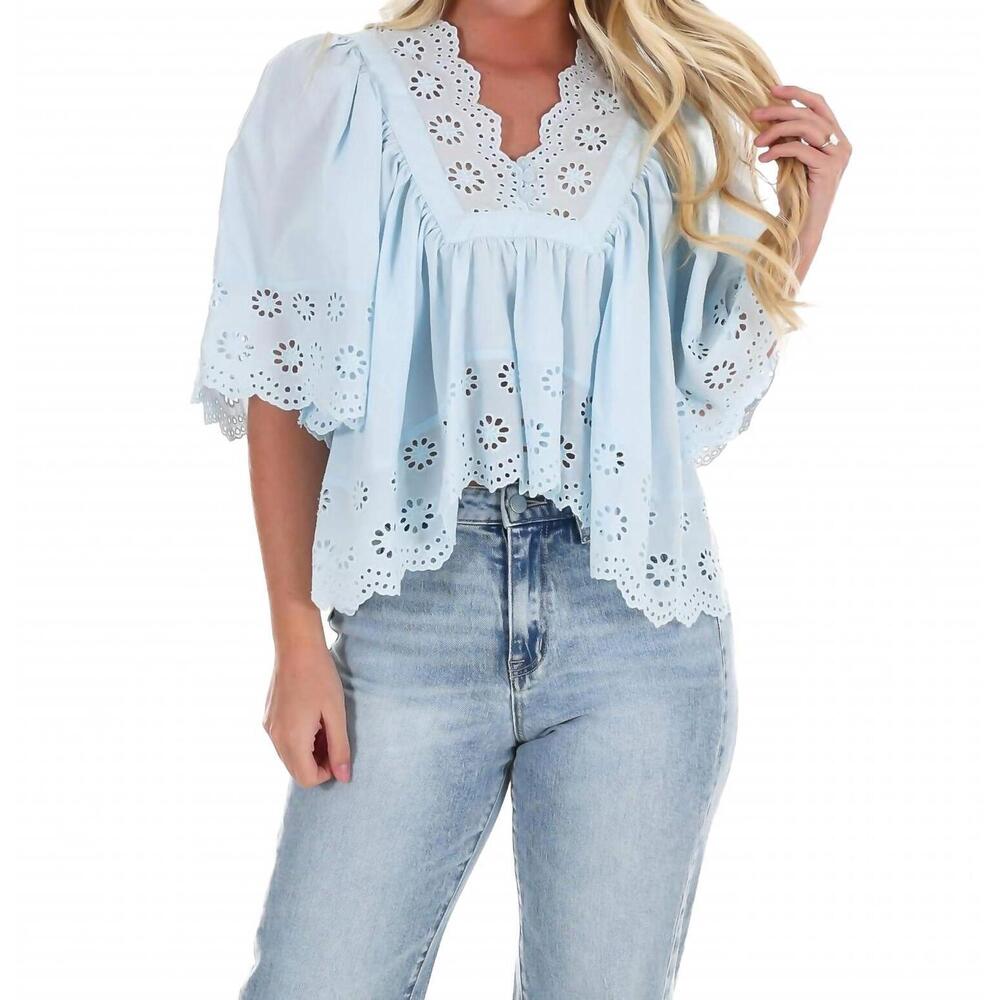 NEW HYFVE soft kisses eyelet babydoll top in light blue - Picture 3 of 6